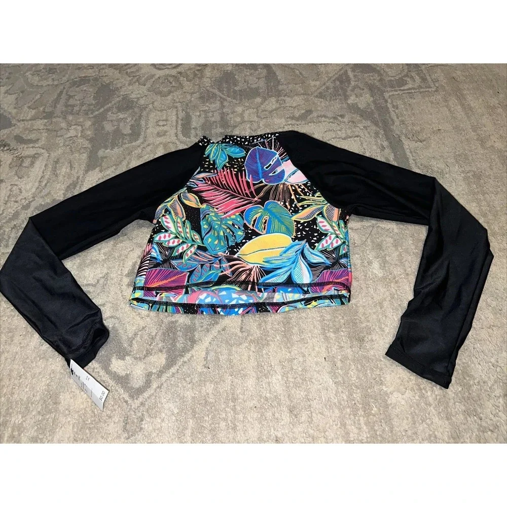 New Art Class Girls‎ Sz M 7 / 8 Long-Sleeve Rash Guard Swim Shirt Tropical Black